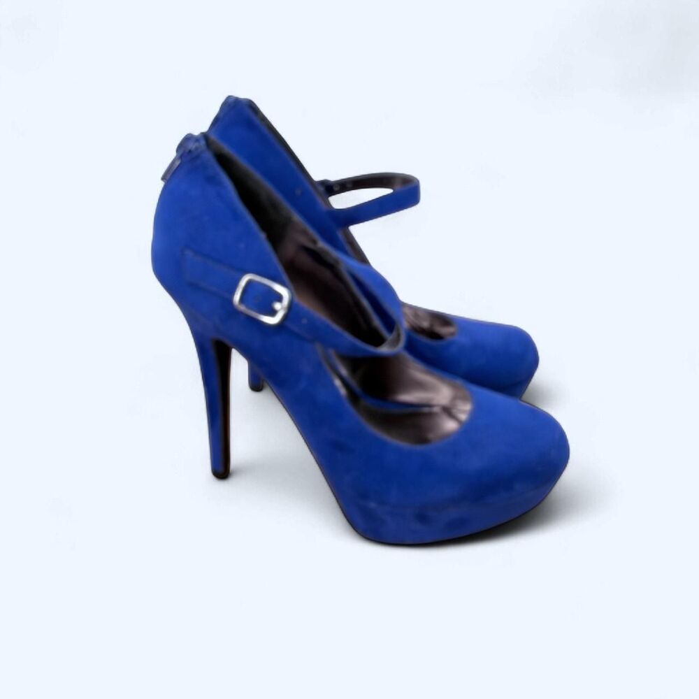 Electric Blue Faux Suede Towering Stiletto Buckle Round Toe Pumps Mary Janes